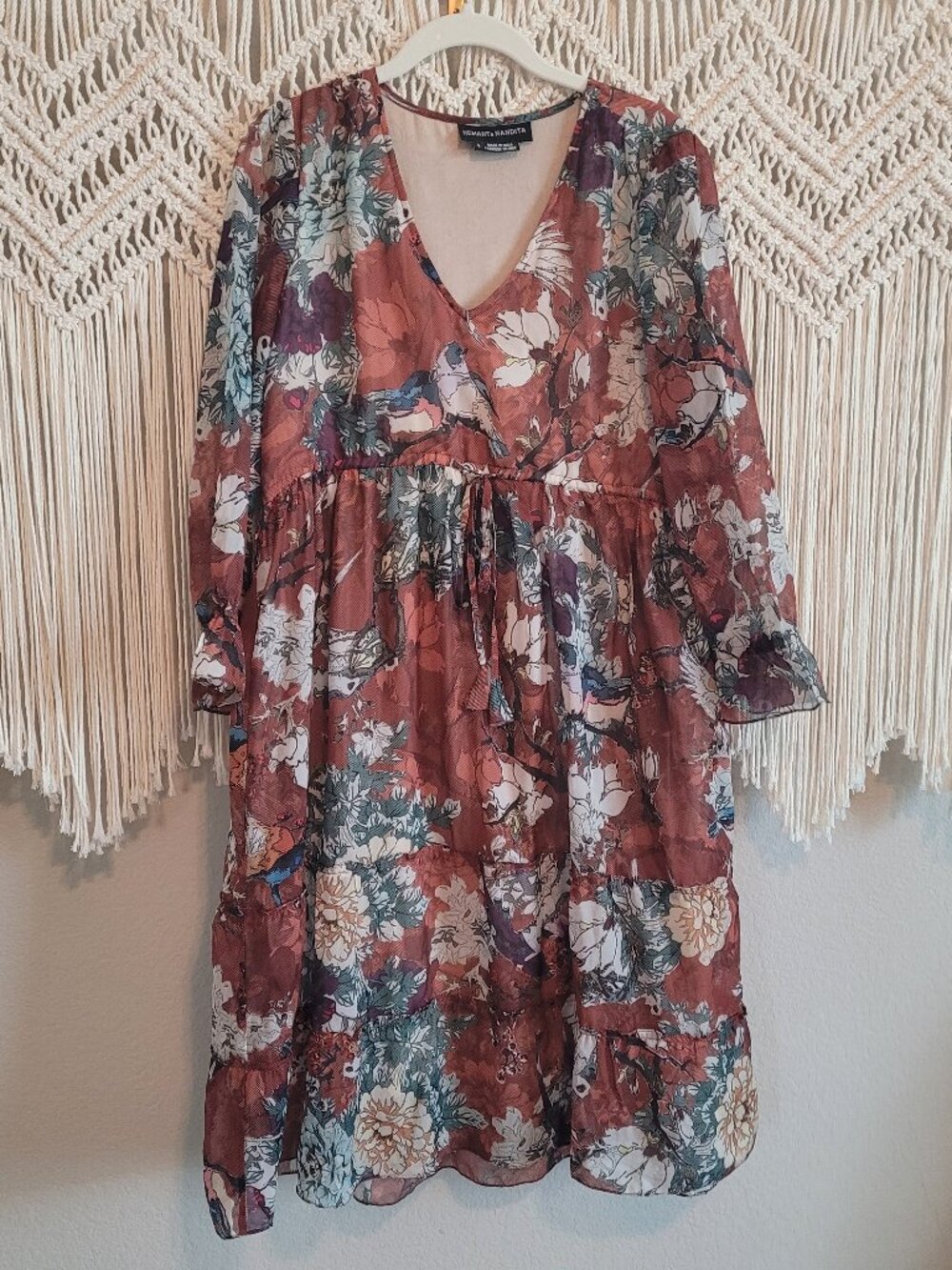 Long Sleeve Brown Floral Bird Popover Dress